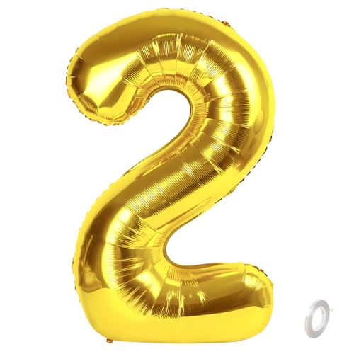 Balorise Riesen-Ballon, Aluminium, goldfarben, Zahl 2, aufblasbar, Helium, große Zahl 0 – 9, 10 – 100 (101 cm), goldfarbene Folie, Luftballons für Geburtstagsfeier und Hochzeit von Balorise