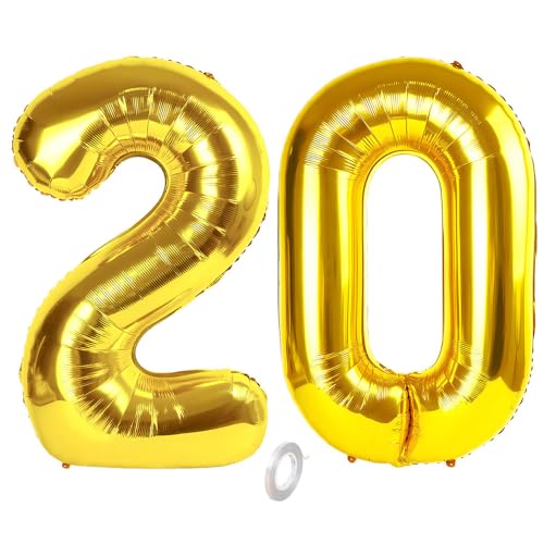Balorise Riesen-Ballon, Aluminium, goldfarben, Zahl 20, aufblasbar, Helium, große Zahl 0 – 9, 10 – 100 (101 cm), goldfarbene Folie, Luftballons für Geburtstagsfeier und Hochzeit von Balorise