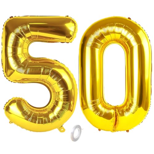 Balorise Riesen-Ballon, Aluminium, goldfarben, Zahl 50, aufblasbar, Helium, große Zahl 0 – 9, 10 – 100 (101 cm), goldfarbene Folie, Luftballons für Geburtstagsfeier und Hochzeit von Balorise
