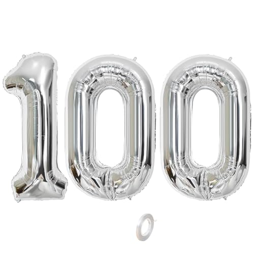 Balorise Riesen-Ballon, Aluminium, silberfarben, Zahl 100, aufblasbar, Helium, große Zahl 0-9, 10-100 (101 cm), Dekoration für Geburtstagsfeier und Hochzeit von Balorise