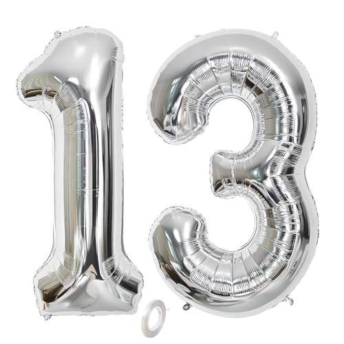 Balorise Riesen-Ballon, Aluminium, silberfarben, Zahl 13/31, aufblasbar, Helium, große Zahl 0-9, 10-100 (101 cm), Dekoration für Geburtstagsfeier und Hochzeit von Balorise