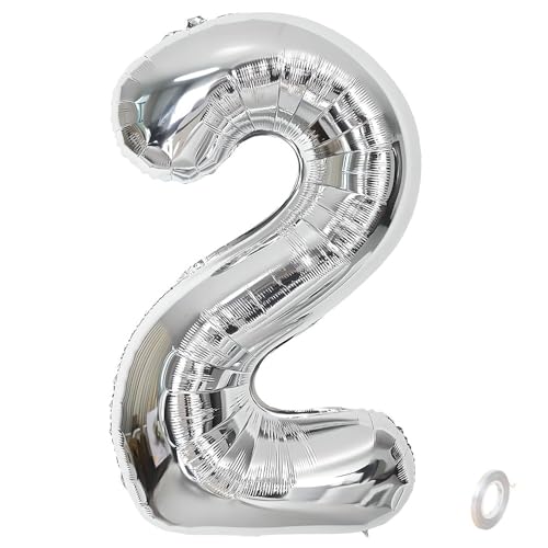 Balorise Riesen-Ballon, Aluminium, silberfarben, Zahl 2, aufblasbar, Helium, große Zahl 0-9, 10-100 (101 cm), Dekoration für Geburtstagsfeier und Hochzeit von Balorise