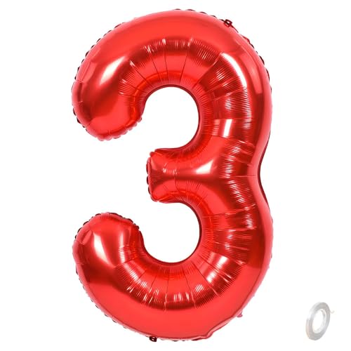 Balorise Riesige Aluminium-Luftballons, 40 Zoll, Rot, Zahl 3, aufblasbar, Helium, große Zahl 0-9, 10-100 (101 cm), Dekoration für Geburtstagsfeier und Hochzeit von Balorise