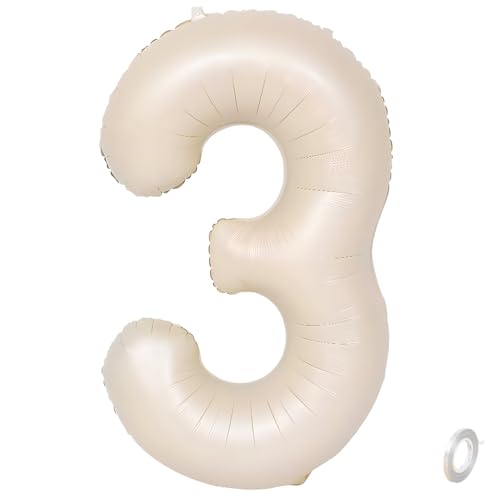 Balorise Riesige Aluminium-Luftballons, 40 Zoll, beige, Zahl 3, aufblasbar, Helium, große Zahl 0-9, 10-100 (101 cm), Dekoration für Geburtstagsfeier und Hochzeit von Balorise