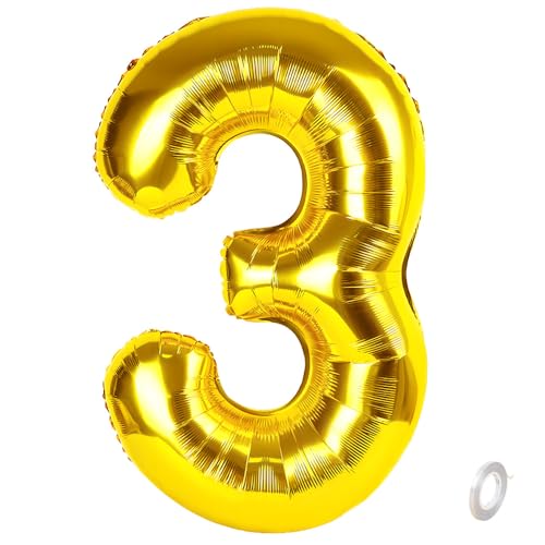 Balorise Riesige Aluminium-Luftballons, 40 Zoll, goldfarben, Zahl 3, aufblasbar, Helium, große Zahl 0-9, 10-100 (101 cm), Dekoration aus Gold, Folienballons für Geburtstagsfeier und Hochzeit von Balorise