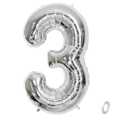 Balorise Riesige Aluminium-Luftballons, 40 Zoll, silberfarben, Zahl 3, aufblasbar, Helium, große Zahl 0-9, 10-100 (101 cm), Dekoration für Geburtstagsfeier und Hochzeit von Balorise