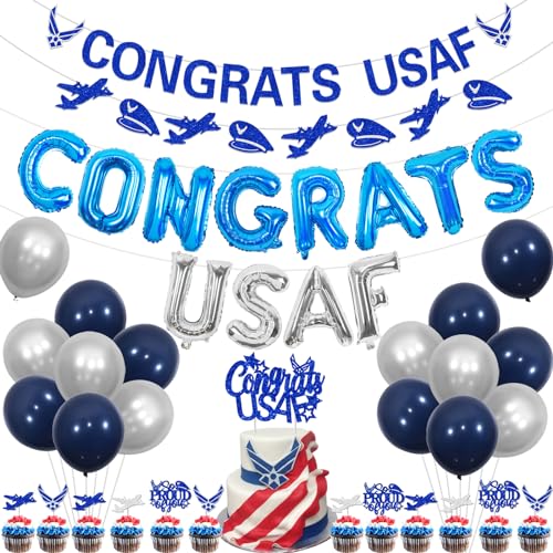 Balterever Air Force Graduation Decoration for 2024 Graduation Congrats USAF Graduation Banner Garland Bunting Air Force Theme Cake Cupcake Toppers for Military Theme Class Of 2024 Graduation Supplies von Balterever