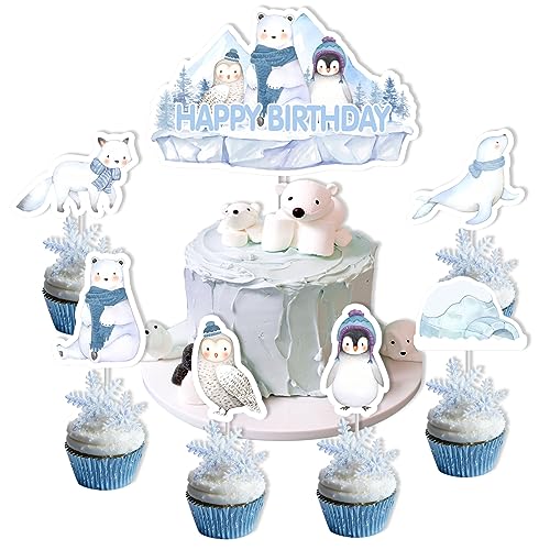 Balterever Arktis-Polartier-Happy-Birthday-Kuchen-/Cupcake-Topper, arktische Polar-Geburtstagsdekorationen, Wintertiere, Geburtstagsparty-Dekorationen für Wintertiere, Geburtstag, Babyparty von Balterever