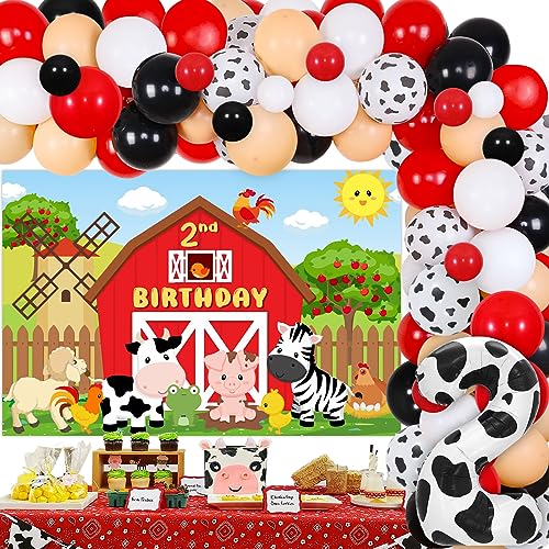 Balterever Bauernhoftier-Dekoration zum 2. Geburtstag für Jungen und Mädchen, Scheunenhof-Thema, 2. Ballon-Girlanden-Set, Rot, Schwarz, mit Bauernhoftier-Hintergrund zum 2. Geburtstag, für Bauernhof Balterever Bauernhoftier-Dekoration zum 2. Geburtstag für Jungen und Mädchen, Scheunenhof-Thema, 2. Ballon-Girlanden-Set, Rot, Schwarz, mit Bauernhoftier-Hintergrund zum 2. Geburtstag, für Bauernhof von Balterever