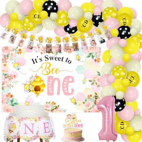 Balterever Bee 1. Geburtstag Dekorationen für Mädchen, Pink Gelb So Sweet To Bee One Bday Cake Topper Foto Banner Hintergrund für Honig 1. Geburtstag Motto-Party von Balterever