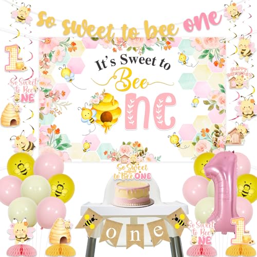 Balterever Bee 1. Geburtstag Dekorationen für Mädchen So Sweet To Bee One Birthday Cake Topper Banner Hintergrund hängende Wirbel Waben-Mittelstück für Honig 1. Geburtstag Motto-Party von Balterever