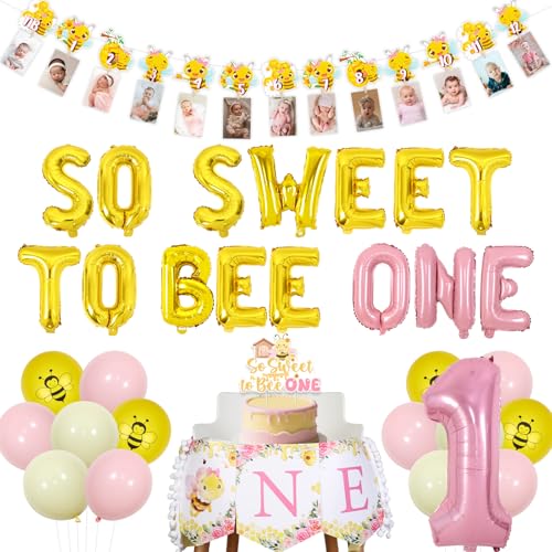 Balterever Bee 1. Geburtstag Dekorationen für Mädchen So Sweet To Bee One Birthday Cake Topper Foto Banner Hochstuhl Banner für Honig 1. Geburtstag Motto-Party von Balterever