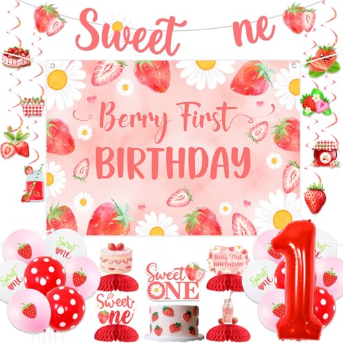 Balterever Berry First Birthday Decorations for Girls Strawberry 1st Birthday Backdrop Honeycomb Centerpieces Hanging Swirls Banner Cake Topper for Strawberry Sweet One Bday Baby Shower Supplies Balterever Berry First Birthday Decorations for Girls Strawberry 1st Birthday Backdrop Honeycomb Centerpieces Hanging Swirls Banner Cake Topper for Strawberry Sweet One Bday Baby Shower Supplies von Balterever