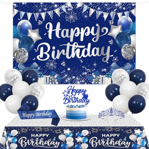 Balterever Blau und Silber Geburtstag Dekorationen für Männer Jungen Frauen Mädchen Blau Silber Happy Birthday Hintergrund Tischdecke Schärpe Kuchen Topper Krone für 16. 18. 21. 25. 30. 40. 50 von Balterever