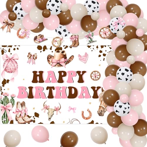 Balterever Cowgirl Schleife Geburtstag Party Dekorationen Rosa Cowgirl Bogen Thema Geburtstag Ballon Girlande Kit Western Hut und Stiefel Girlande Hintergrund für Western Bday Party Supplies von Balterever