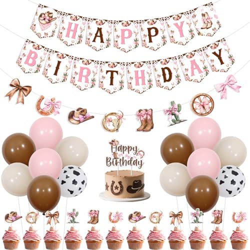 Balterever Cowgirl Schleife Geburtstag Party Dekorationen Rosa Cowgirl Schleife Happy Birthday Banner Girlande Westernhut und Stiefel Cupcake Kuchen Topper für Westernstiefel Bday Party Supplies von Balterever