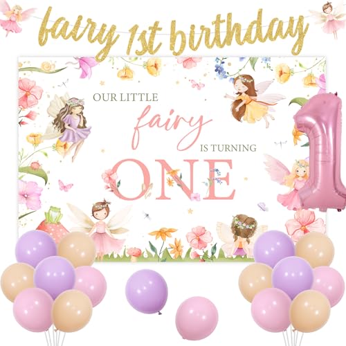 Balterever Fairy 1st Birthday Decorations Banner Backdrop Balloons for Girls Fairy Themed Party Supplies Pink Purple von Balterever