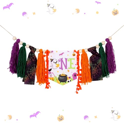 Balterever Halloween Spooky One Hochstuhl Banner Lila Orange Halloween 1. Geburtstag Party Dekorationen Geist 1. Geburtstag Banner für gruselige One Party Supplies von Balterever