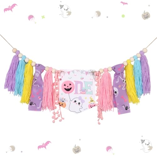 Balterever Halloween Spooky One Hochstuhl Banner für Mädchen Halloween 1. Geburtstag Party Dekorationen Macaron Ghost 1. Geburtstag Banner für gruselige One Party Supplies von Balterever