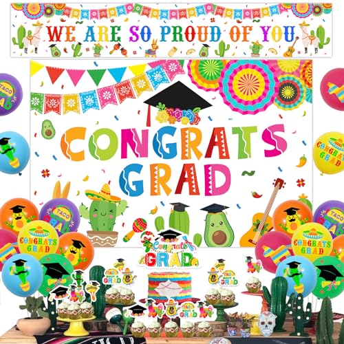 Balterever Mexikanische Abschlussparty-Dekoration, Congrats Grad-Hintergrundbanner, Fiesta-Grad-Party-Kuchenaufsatz, „Wir sind so stolz auf Sie“, Yard-Banner, Taco-Grad-Ballon, Klasse von 2024, von Balterever