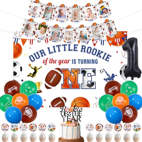 Balterever Sport-Dekoration für den ersten Geburtstag, Fußball, Basketball, Baseball, erster Geburtstag, Dekorationen mit unserem kleinen Rookie dreht sich einen, Fotobanner, Kuchen, Cupcake-Topper von Balterever