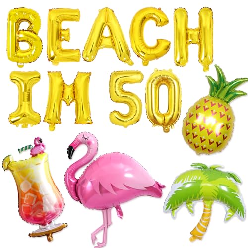 Balterever Strand Thema 50th Geburtstag Party Dekorationen Strand im 50 Geburtstag Banner Dekors mit Flamingo Ananas Kokosnuss Baum Folie Ballons für Sommer Tropische Hawaiian Geburtstag Party von Balterever