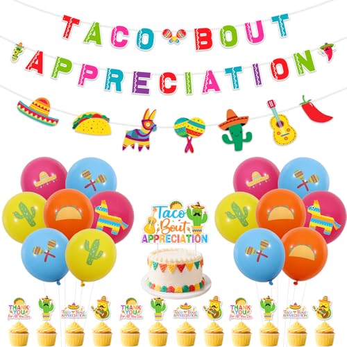 Balterever Taco Bout Wertschätzung Dekorationen Taco Bout Wertschätzung Banner Girlande Fiesta Kuchen Cupcake Toppers Mexiko Cinco De Mayo Partyzubehör für Lehrer und Mitarbeiter von Balterever