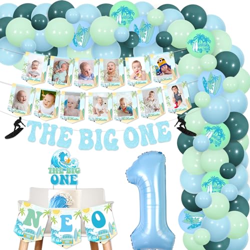Balterever The Big One Surf Party Dekoration Surf Foto Banner The Big One Cake Tops Blue Surf Theme Luftballons Garland Surf Hochstuhl Banner Sommer Surf Beach Surf 1. Geburtstag von Balterever