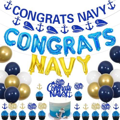 Balterever Us Navy Graduation Decoration for 2024 Graduation Congrats Navy Graduation Banner Garland Bunting Navy Theme Cake Cupcake Toppers for Military Theme Class Of 2024 Graduation Supplies von Balterever