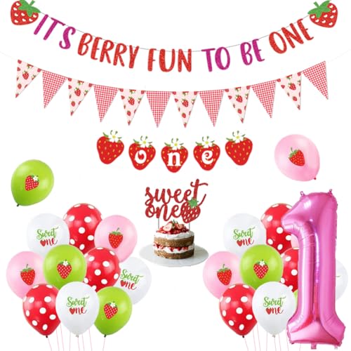 Erdbeerthema 1. Geburtstag Dekorationen Mädchen Strawberry Sweet One Folienballons Tortenaufsatz Hochstuhl Banner sein Berry Fun to be One Banner für Berry Sweet First Birthday Party von Balterever