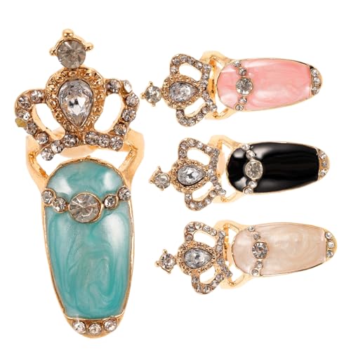 Baluue 4 Stück Teiliges Nagelring Damen mit Funkelnden Strasssteinen Verstellbare Metallringe in Weiß Blau Schwarz und Rosa Modische Fingerring schmuck für Partys und Cosplay von Baluue