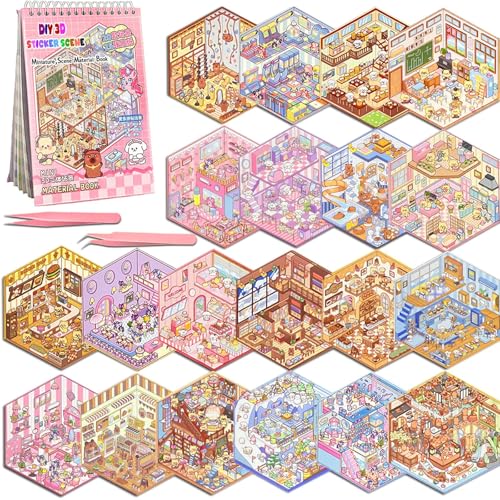 Bambebe 20er Set DIY 3D Haus Sticker – Miniatur Szenen Supermarkt, Café, Buchhandlung & Restaurant – Mit Pinzette, Bastelaufkleber gegen Stress für Kinder & Erwachsene von Bambebe
