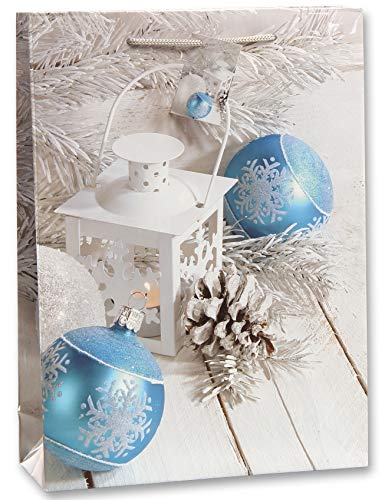 Bambelaa! 12 Stück Geschenktüten Weihnachten Geschenktaschen Groß Papiertüten Weihnachtstüten 157 g Papier Weiß Blau Glänzend (Ca. 25x8,5x34 cm) von Bambelaa!