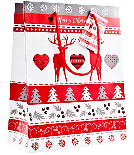 Bambelaa! 12 Stück Geschenktüten Weihnachten Geschenktaschen Klein Papiertüten Weihnachtstüten 128 g Papier Hirsch Rot Weiß Matt (Ca. 18x8x23 cm) von Bambelaa!