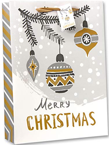 Bambelaa! 12 Stück Merry Christmas Geschenktüten Weihnachten Geschenktaschen Groß Papiertüten Weihnachtstüten 157 g Papier Gold Silber Weiß Matt (Ca. 25x8,5x34 cm) von Bambelaa!