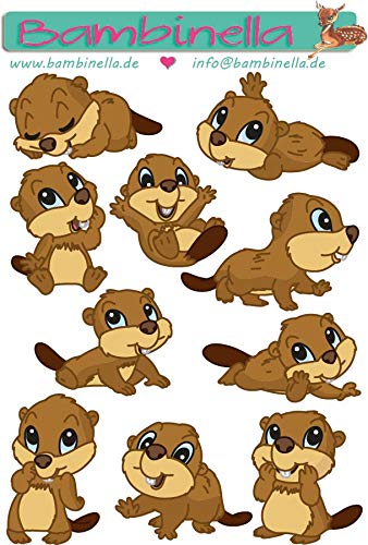 Bambinella® Stickerparade - Motiv: Biber - 10 Sticker aus PVC-Folie für glatte Oberflächen - auf 10 x 15cm sind die Motive ca. 4cm groß. von Bambinella