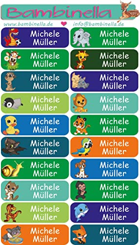 NEU: Bambinella® Namensticker personalisiert - 3 Blatt à 20 Stück = 60 Klebe-Etiketten -"Bunte Mischung Tiere" von Bambinella