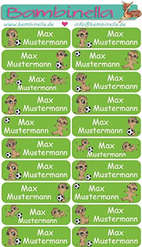 NEU: Bambinella® Namensticker personalisiert - 3 Blatt à 20 Stück = 60 Klebe-Etiketten -"Erdmännchen mit Fußball" von Bambinella