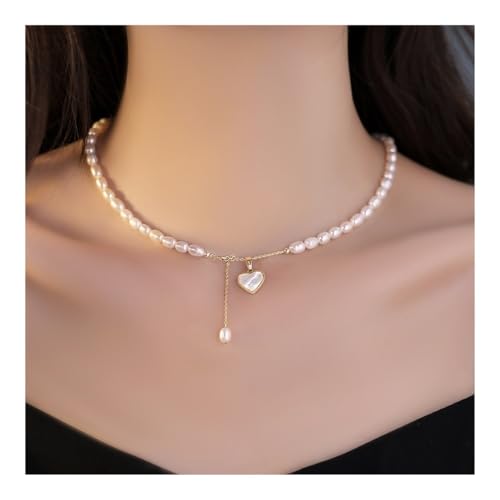 Bamboo Sea Halsketten, Love Shell Freshwater Pearl Necklace, Elegant Lockbone Chain Jewelry for Women Halskette für Damen von Bamboo Sea