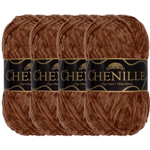 JubileeYarn Chenille-Garn, Kammgewicht, 100 g/Knäuel, 4 Knäuel, 107 Kaffeebohnen von BambooMN