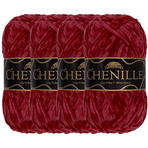 JubileeYarn Chenille-Garn, Kammgewicht, 100 g/Knäuel, 4 Knäuel, 122 Granat von BambooMN