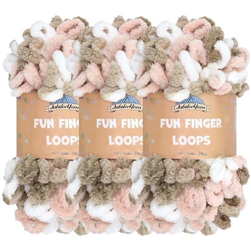 JubileeYarn Fun Fingerschlaufen-Garn, Polyester, Jumbo-Gewicht, 100 g/Knäuel, Rosa, Braun, Weiß, 3 Knäuel von BambooMN
