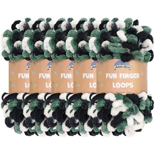 JubileeYarn Fun Fingerschlaufen-Garn, Polyester, Jumbo-Gewicht, 100 g/Knäuel, Weiß, Schwarz, Grün, 5 Knäuel von BambooMN
