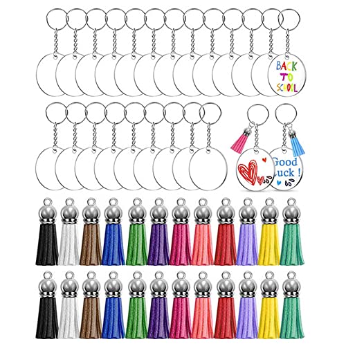 96 Stück Acryl-Schlüsselanhänger-Rohlinge Acryl-Kreise klare Scheiben-Ornamente mit Quasten, Set inklusive 24 Acryl-Rohlinge, 24 Schlüsselanhänger-Ringe, 24 Quasten und 24 Biegeringe für von Bamboopack
