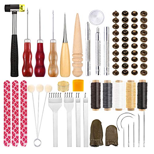 Bamru Leder Werkzeug Set für Anfänger - DIY Nähen Set Mit Wachsfaden, Nadeln, Meißel Locher, Nieten und Zubehör für Handwerk von Bamru