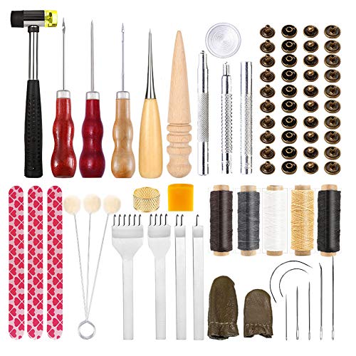 Bamru Leder Werkzeug Set, Leder DIY Werkzeuge für Anfänger, Leder Nähen Set mit Wachsfaden, Nähen Nadeln, Meißel Locher, Leder Nieten und Andere Zubehör für Leder Machen Handwerk von Bamru