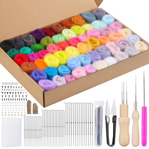 Bamru Nadelfilz Set, 60 Farben Filzwolle Roving, Filzwolle Trockenfilzen Starterset, ideal für DIY. Nadelfilzzubehör mit Nadelfilzpad, Filznadeln, Filzwolle, Anleitung von Bamru