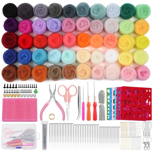 Bamru 224 PCS Nadelfilz Set für Anfänger, 50 Farben Filzwolle Roving, Nadelfilzen Starter Set mit Grundlegenden Filz Werkzeugen für DIY von Bamru