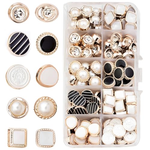 Bamyli 100 Stück Perlenknöpfe mit Schaft Hochwertige Knöpfe für Kleidung, Vintage Nähen, Faux Imitation Pearl Buttons mit Strass, Dekoknöpfe für Hemden Pullover DIY, 10 Stile mit Aufbewahrungsbox Bamyli 100 Stück Perlenknöpfe mit Schaft Hochwertige Knöpfe für Kleidung, Vintage Nähen, Faux Imitation Pearl Buttons mit Strass, Dekoknöpfe für Hemden Pullover DIY, 10 Stile mit Aufbewahrungsbox von Bamyli