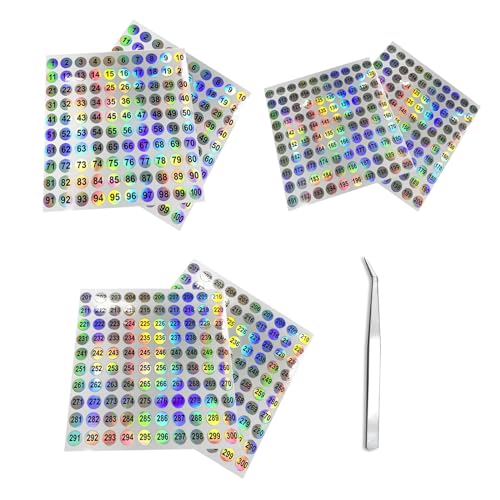 Bamyli 6 Blatt Runde Klebezahlen & Klebepunkte, Zahlen Aufkleber 1-300 Selbstklebende Hologramm Sticker Für Büro, Inventur & Startnummer Aufkleber (2 Sets) von Bamyli